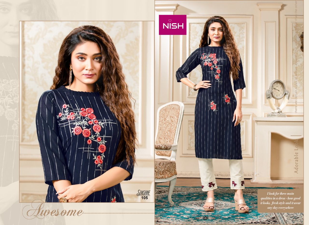 Nish Sunshine Latest Fancy Ethnic Wear Rayon Kurti With Bottom Collection